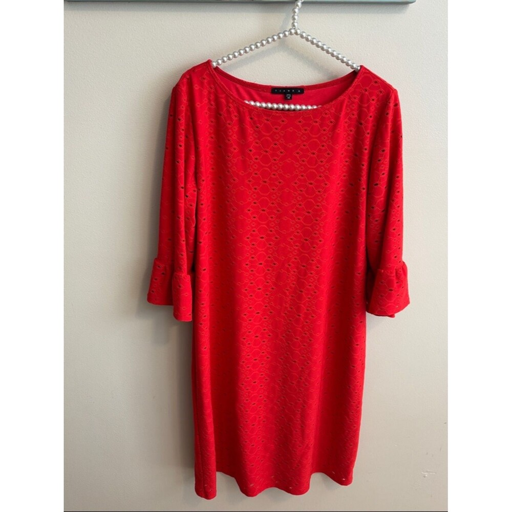 Tiana B Red Eyelet Shift Dress with Ruffle Sleeves size 14
